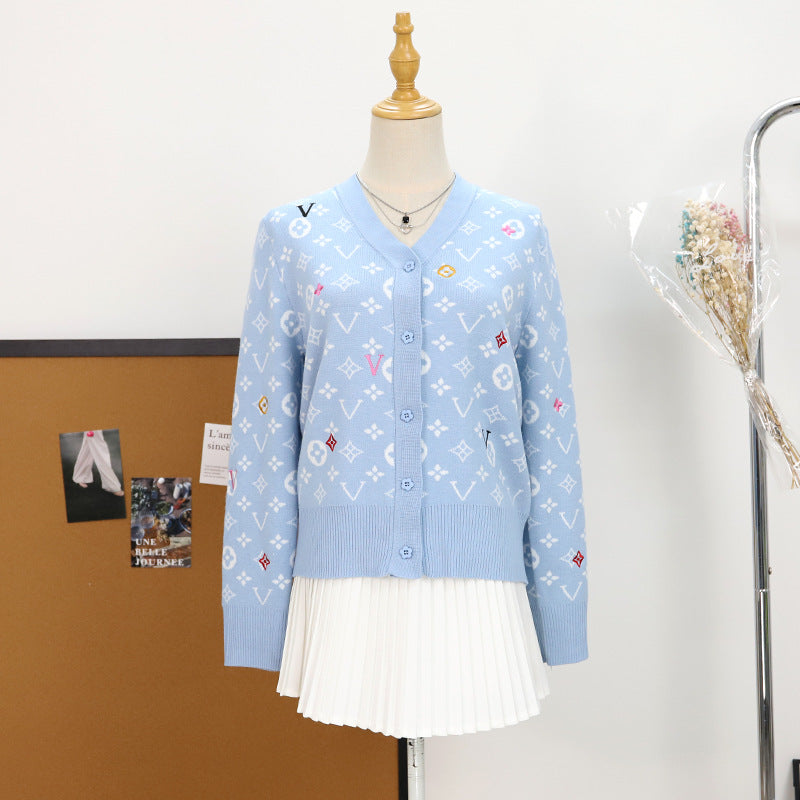 New Letter Jacquard V-Neck Knit Cardigan for Women 1025090207