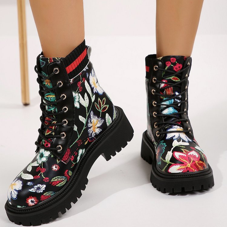 Plus-Size Women's Printed Fashion Combat Boots 1025090108