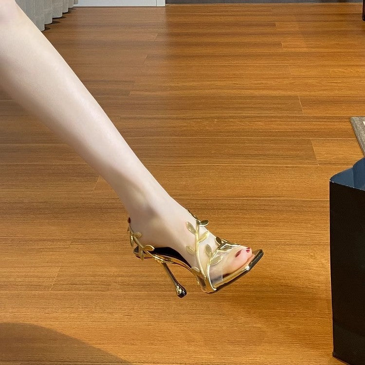 Golden square toe high-heeled transparent sandals 1025082508