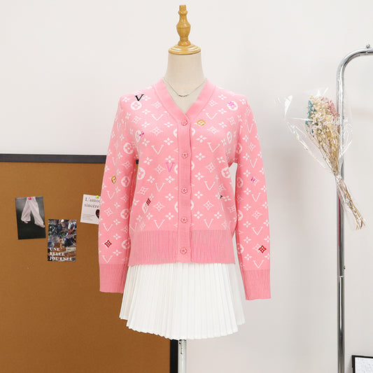 New Letter Jacquard V-Neck Knit Cardigan for Women 1025090207