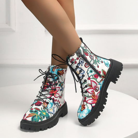 Printed High-Top Casual Lace-Up Round-Toe Women's Boots 1025090101
