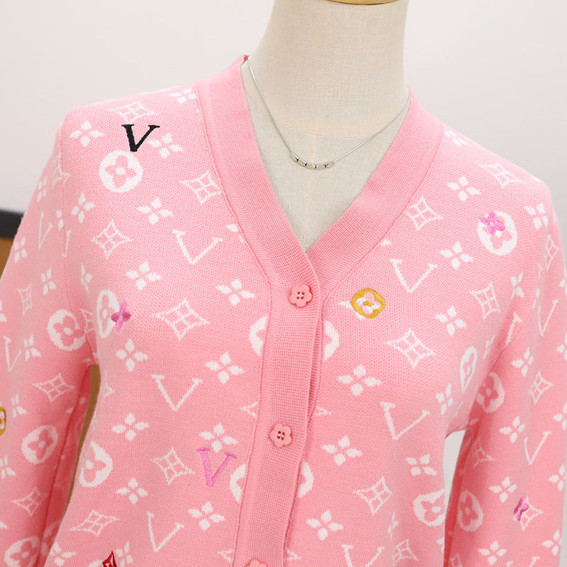 New Letter Jacquard V-Neck Knit Cardigan for Women 1025090207