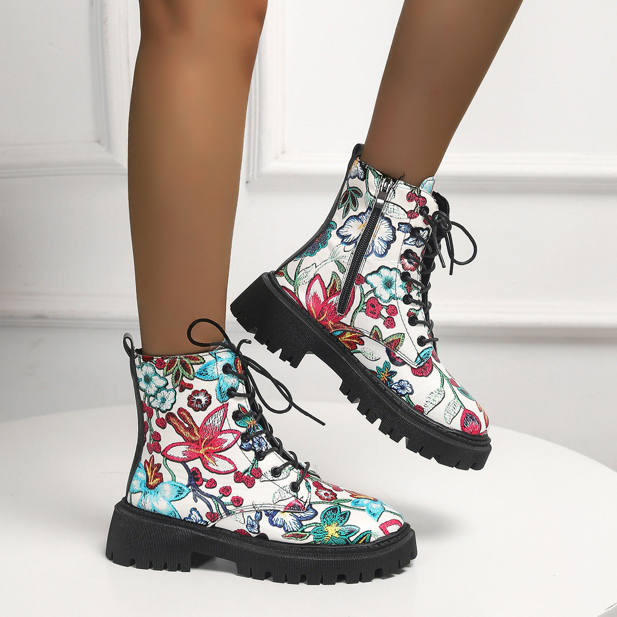 Printed High-Top Casual Lace-Up Round-Toe Women's Boots 1025090101