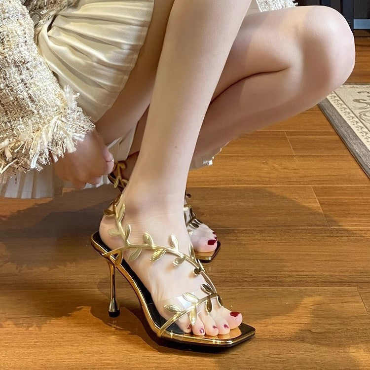 Golden square toe high-heeled transparent sandals 1025082508