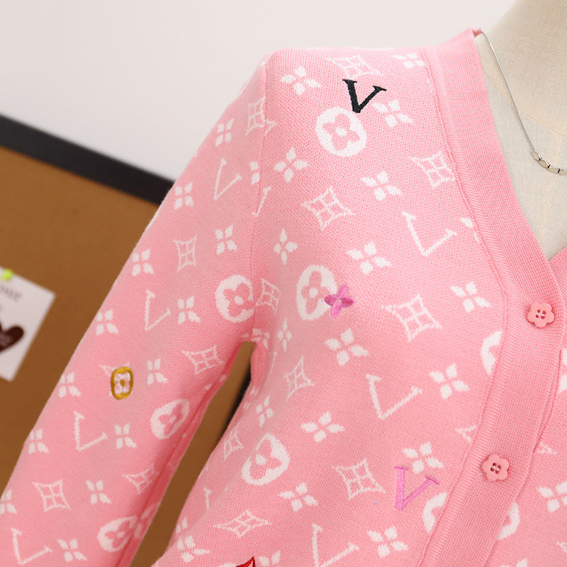 New Letter Jacquard V-Neck Knit Cardigan for Women 1025090207