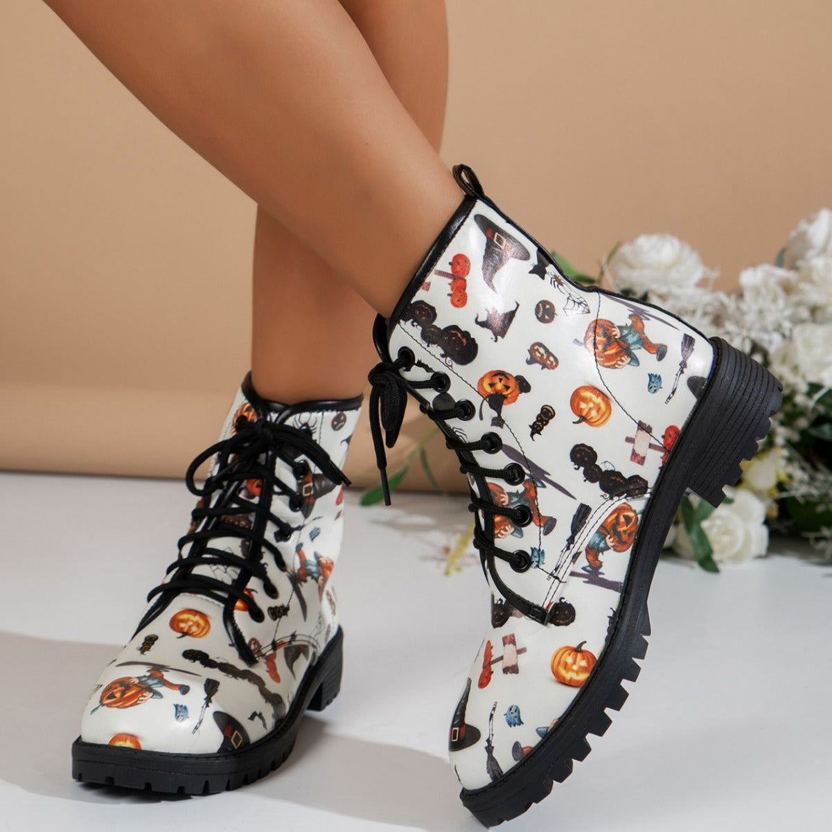 New Front-Tie Print Oversized Martin Boots 1025090109
