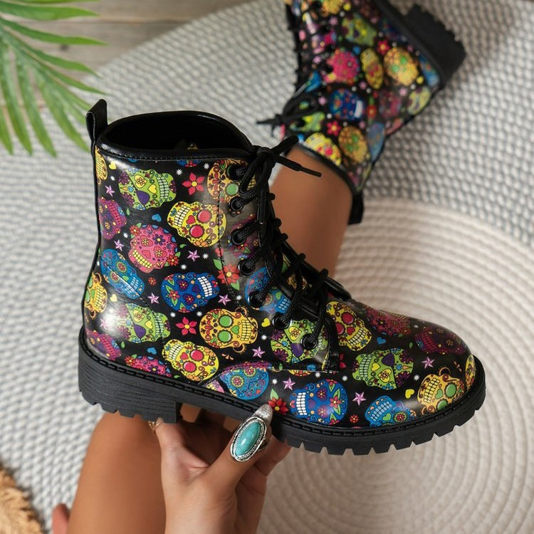 New Front-Tie Print Oversized Martin Boots 1025090109