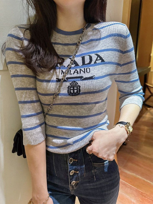 2023 New Slim Blue Gray Striped Short Sleeves PD10062748