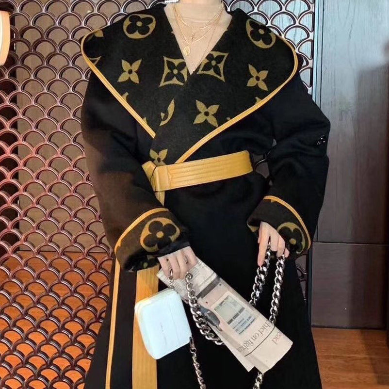 New autumn and winter woolen coat women's belt waist slimming hooded trench coat print coat women