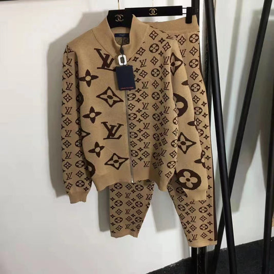 NEW FASHION KNITTED CASUALCARDIGAN HOODED LETTER TOP +KNITTED PENCIL PANTS TWOPIECE SUIT S013