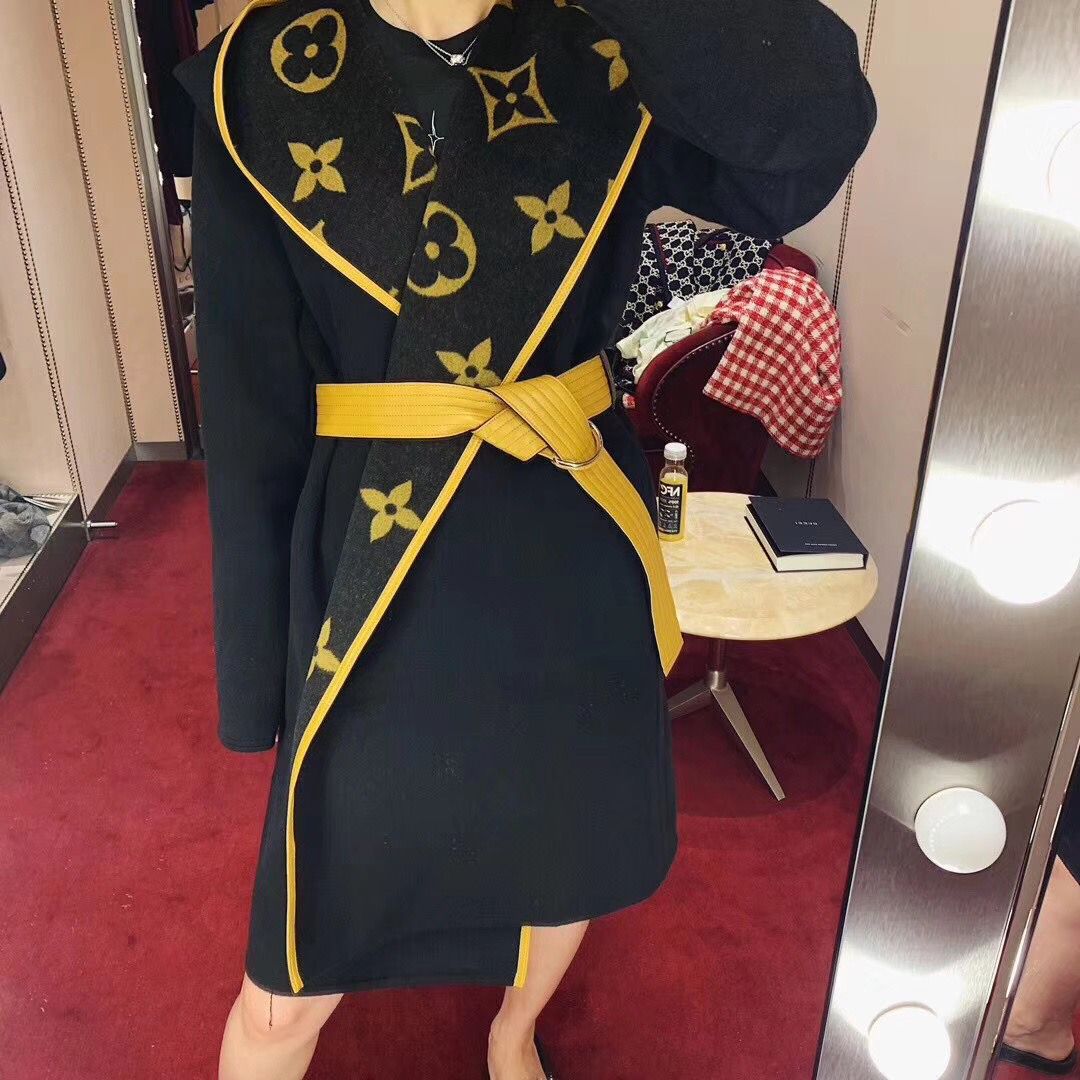 New autumn and winter woolen coat women's belt waist slimming hooded trench coat print coat women