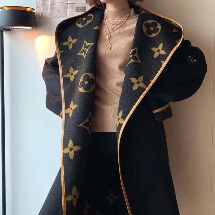 New autumn and winter woolen coat women's belt waist slimming hooded trench coat print coat women