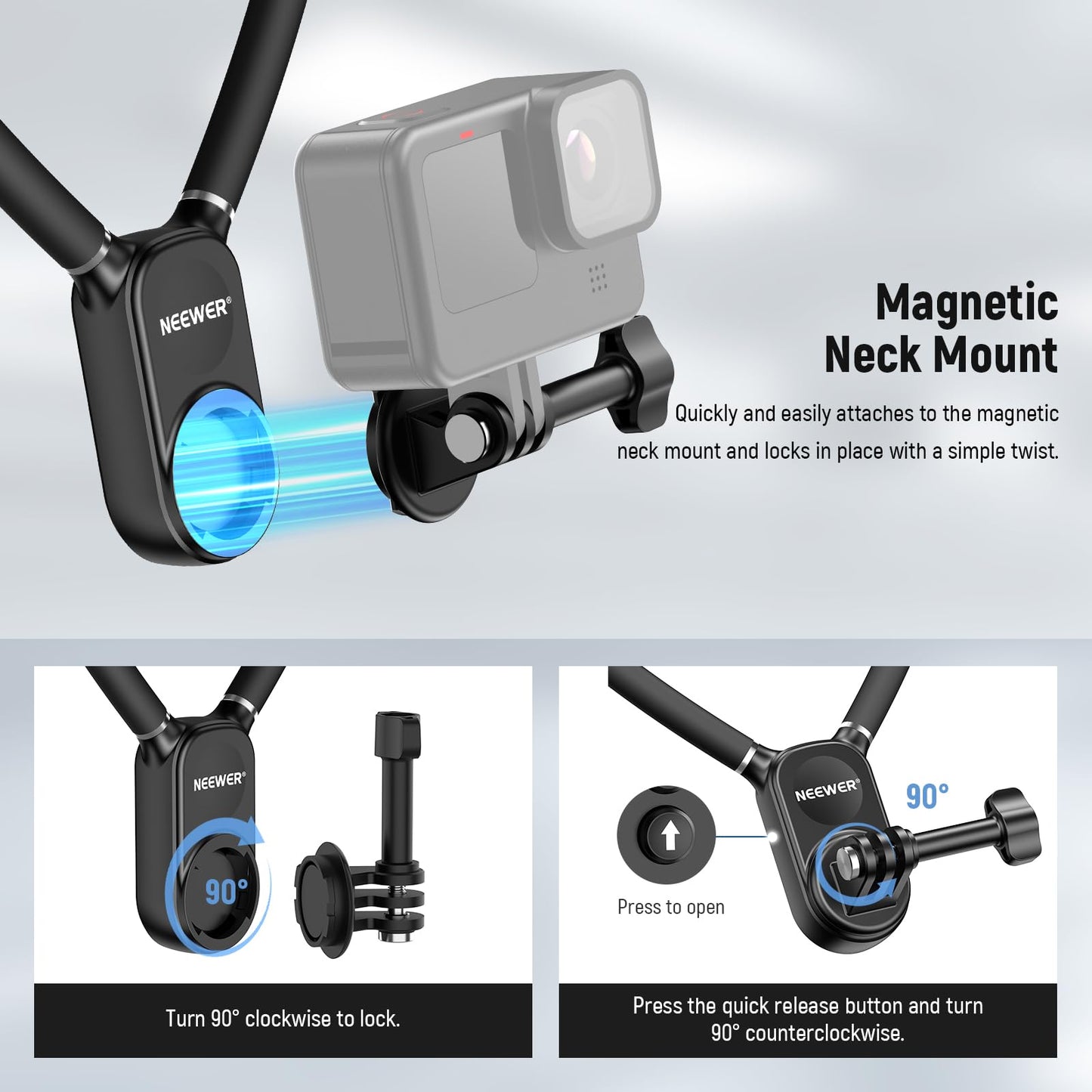 NEEWER Magnetic Neck Mount Compatible with GoPro Hero 13 12 11 MAX DJI Action 4 Insta360 15 Pro Max Samsung S23, Quick Release Flexible POV Action Camera Neck Mount Adapter & Holder