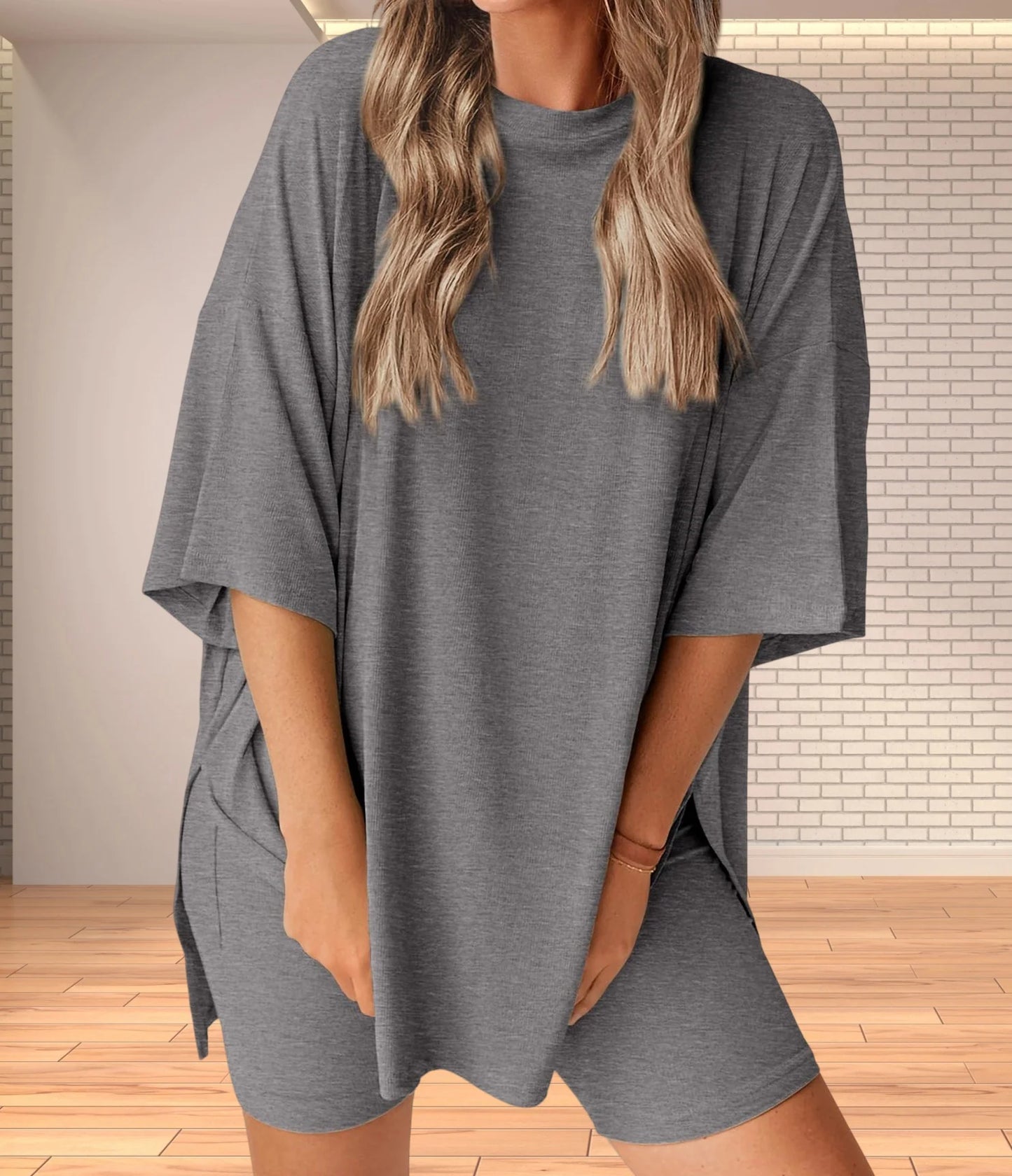 Summer Comfort Outfit Fashion  Women's Casual Loose-Fit Solid Color T-Shirt & Shorts 2-Piece Set