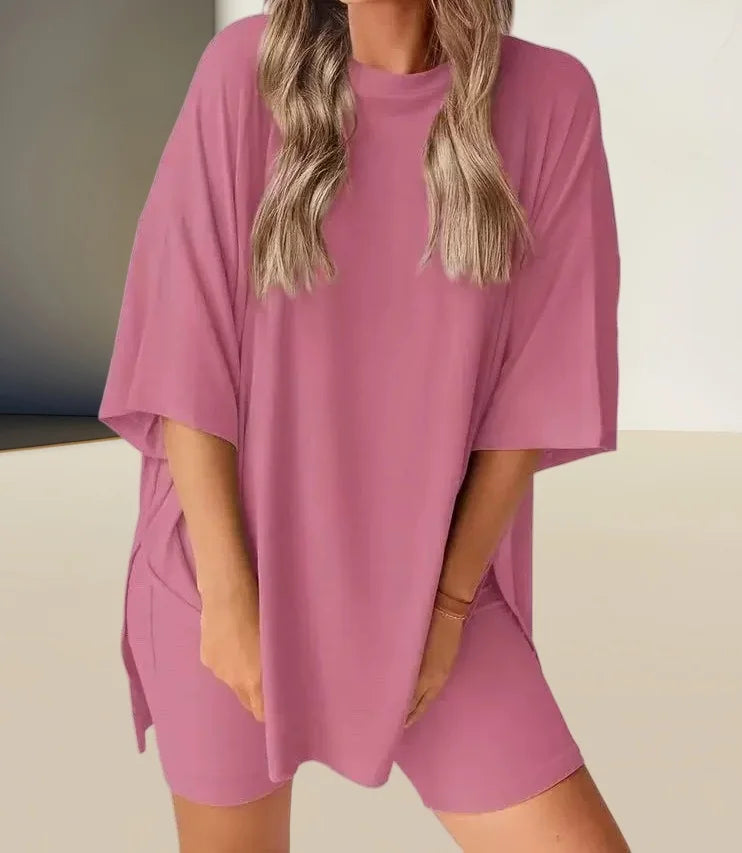 Summer Comfort Outfit Fashion  Women's Casual Loose-Fit Solid Color T-Shirt & Shorts 2-Piece Set