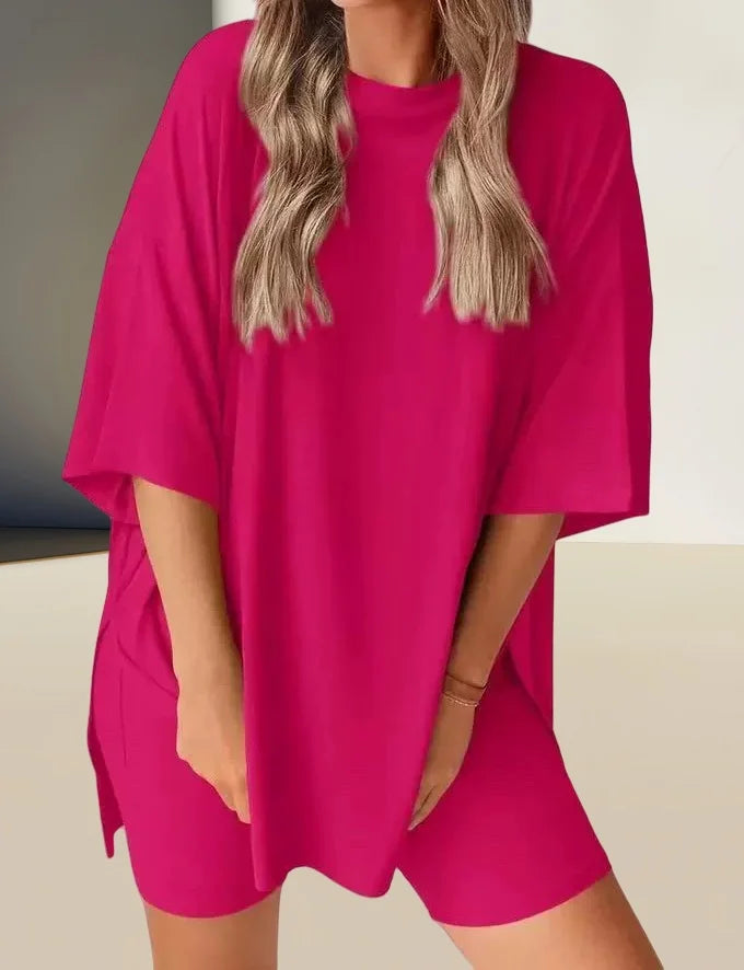 Summer Comfort Outfit Fashion  Women's Casual Loose-Fit Solid Color T-Shirt & Shorts 2-Piece Set