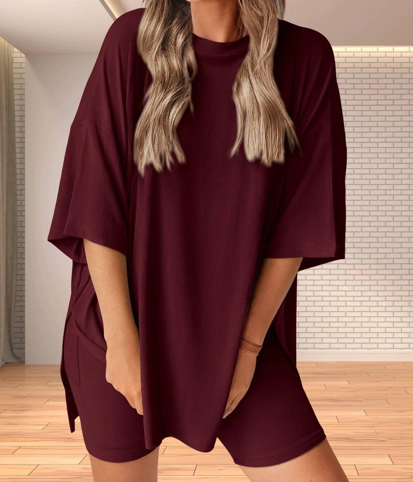 Summer Comfort Outfit Fashion  Women's Casual Loose-Fit Solid Color T-Shirt & Shorts 2-Piece Set