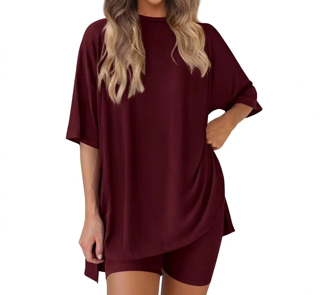 Summer Comfort Outfit Fashion  Women's Casual Loose-Fit Solid Color T-Shirt & Shorts 2-Piece Set