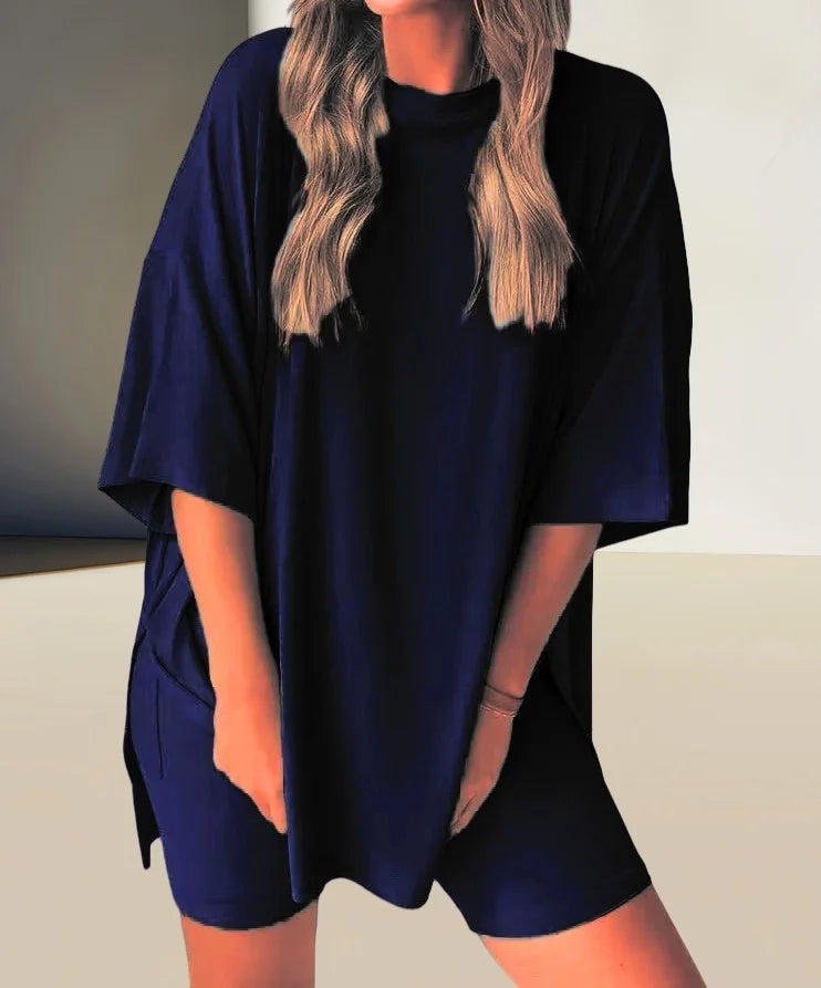 Summer Comfort Outfit Fashion  Women's Casual Loose-Fit Solid Color T-Shirt & Shorts 2-Piece Set