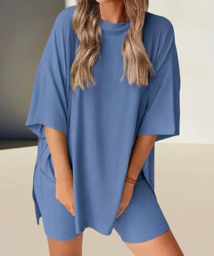 Summer Comfort Outfit Fashion  Women's Casual Loose-Fit Solid Color T-Shirt & Shorts 2-Piece Set
