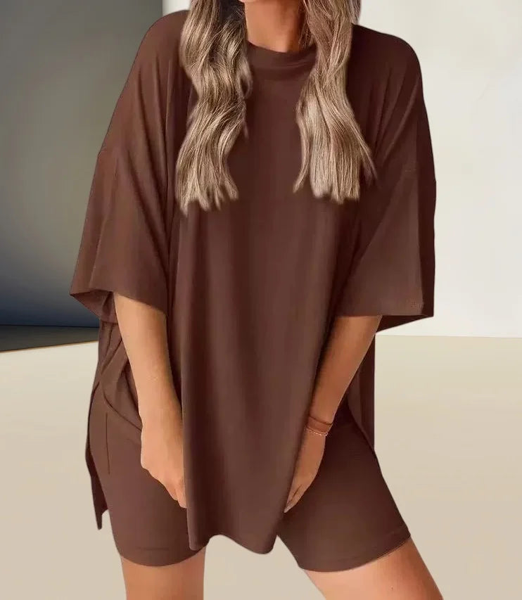 Summer Comfort Outfit Fashion  Women's Casual Loose-Fit Solid Color T-Shirt & Shorts 2-Piece Set