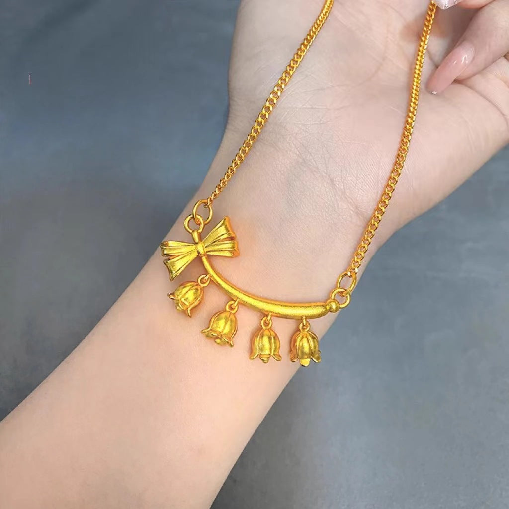 Copper alloy bow tassel necklace 2025081202