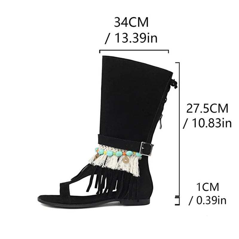 SIMLOVEYO Women's Sandals Fluffy Summer Boots Tassles Flat Shoes Bohemian