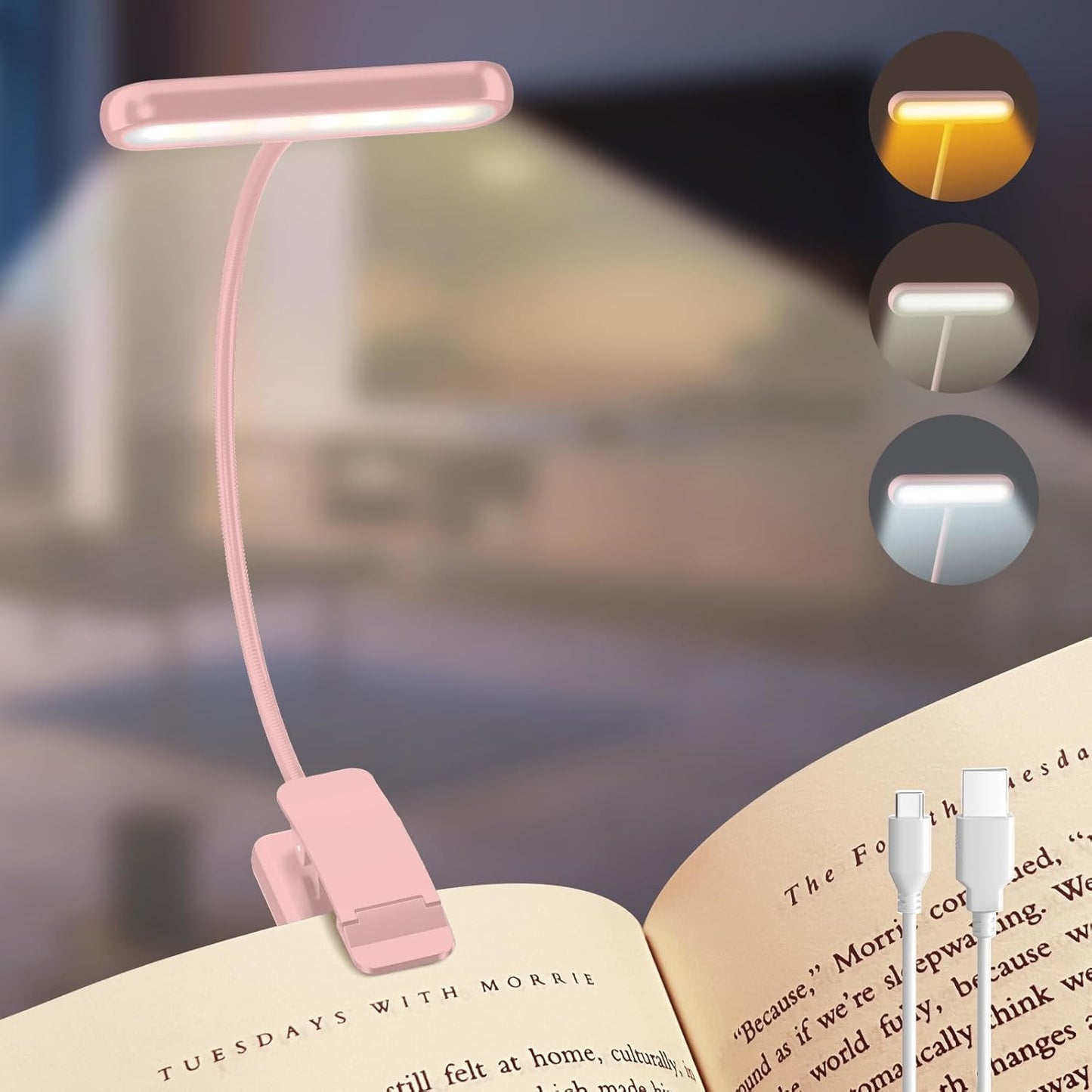 USB Charging Reading Light Warm Cold White Sunlight Portable Easy to Clip Night Reading Light
