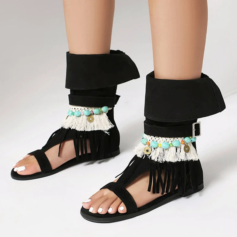 SIMLOVEYO Women's Sandals Fluffy Summer Boots Tassles Flat Shoes Bohemian